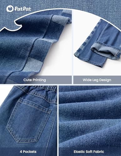 PATPAT Girls Jeans Denim Y2K Elastic Wasit Wide Leg Baggy Jean Trendy Preppy Pants Kids Clothes with Pockets 7-8 Years - Thumbnail 6