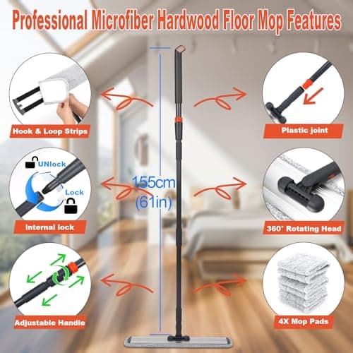 24in Flat Mop for Cleaning Floors, Heavy-Duty Microfiber Wet Mop with Easy Wringing & Deep Cleaning, Includes 4 Reusable Mop Cloths and Adjustable Long Handle - Thumbnail 4