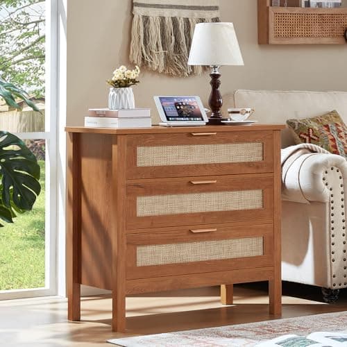 LEYAOYAO 31.5" Wide Rattan Night Stand with Charger Station, Large Boho 3 Drawer Nightstand, Teac Brown Bedside Table with Storage, 30" Tall Bed Side End Tables for Bedroom, Living Room, Hallway - Thumbnail 5