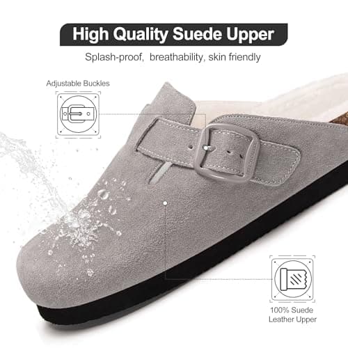 Fuzzy Suede Clogs for Women Fur Lined Leather Mules Soft Non Slip Potato Shoes with Arch Support Grey - Thumbnail 3