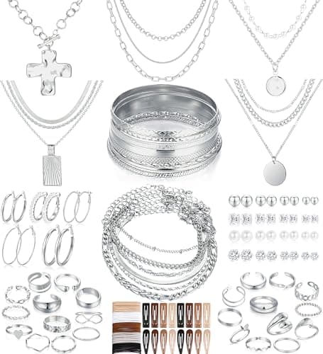 FANDY 137 Pieces Silver Jewelry Set for Women, 12 Necklace, 14 Bracelet, 21 Earrings, 24 Knuckle Rings, 66 Hair Accessory Silver Plated Jewelry Set for Women Gift - Image 1