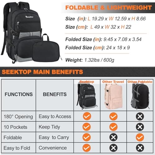 Seektop Lightweight Travel Backpack for Men Women, Multiple Pockets 40L Hiking Backpack Foldable Carry on Backpack for Outdoor Camping Sport Leisure (Black) - Thumbnail 6