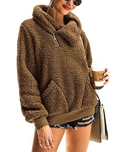 KIRUNDO Winter Clothing for Women Sherpa Pullover Fleece Zip Sweatshirt 2026 Fall Fashion Fuzzy Faux Shearling Warm Outwear(Small, Brown) - Image 1