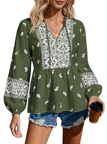 MASCOMODA Women Boho Babydoll Tops Spring Summer Casual V Neck Peplum Long Sleeve Blouses Flowy Shirts Beach Vacation Clothes(Army Green White Flower,Medium) - Image 1