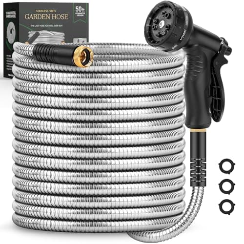 Garden Hose 50 FT, Metal Stainless Steel Water Hose with 10 Function Nozzles, No Kinks, Flexible Hose, Lightweight, Puncture Proof, Heavy Duty Hose for Yard and Outdoor - Image 1