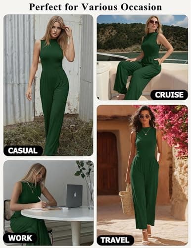 Ekouaer Summer Jumpsuits for Women Casual Mock Neck One Piece Outfits Sleeveless Formal Wide Leg Pants Romper with Pockets - Thumbnail 6