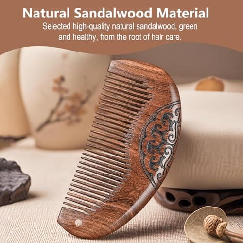 YAKUNCL Natural Sandalwood Fine Tooth Comb - Anti Static Wooden Comb for Women, Smooth Detangling Hair Comb, Portable Travel Mini Wood Combs for Curly & Straight Hair - Thumbnail 2