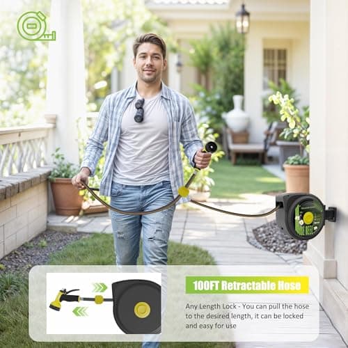 Aokia Retractable Garden Hose Reel, 1/2 in x 100 ft Wall Mounted Heavy Duty Garden Hose Reel with 9 Patterns Nozzle, Any Length Lock, Auto Return System and 180°Swivel Bracket - Thumbnail 3