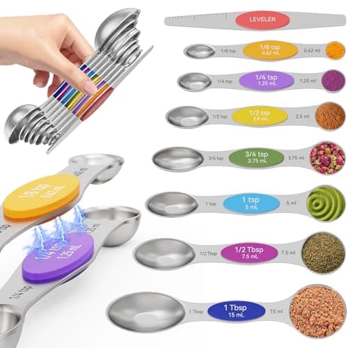 Magnetic Measuring Spoons Set of 8 - Heavy Duty 304 Stainless Steel, Triple Measurement Markings, Strong N52 Magnets, Easy to Clean, Space-Saving with Leveler Included (Colorful) - Image 1