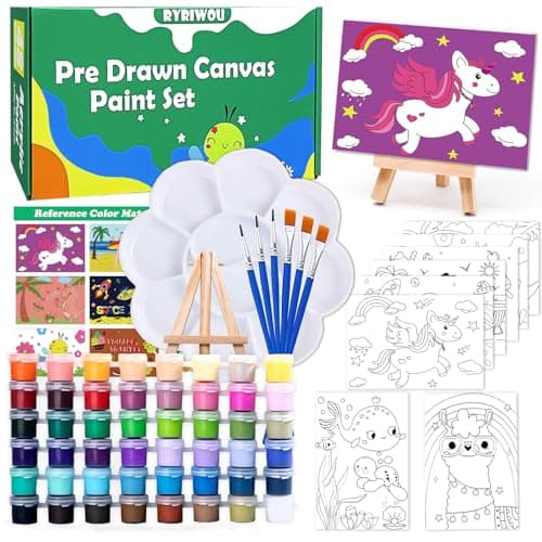 RYRIWOU Pre Drawn Canvas Set 8 Packs Pre-Printed Canvas Acrylic Oil Painting Kit 5x7 inch Canvas with 48 Paints 6 Brushes 2 Easels for Party Favor - Image 1