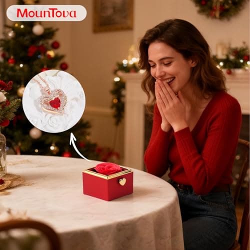 mountova Valentine’s Day Gift for Her Preserved Rose Surprise Box with Heart Necklace, Luxury Flip Jewelry Box, Romantic Gift for Girlfriend or Wife, Anniversary & Proposal (red) - Thumbnail 3