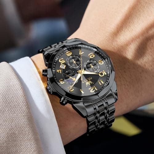 OLEVS Watch Men Black Watches for Men Luxury Big Face Stainless Steel Dress Analog Quartz Easy Read Mens Watches Classic Casual Waterproof Moon Phase Chronograph Men's Watch - Thumbnail 2