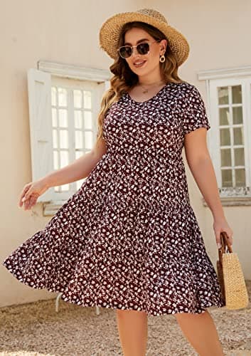 Younrui Plus Size Floral Dress for Women Short Sleeve Scoop Neck Flowy Aline Swing Ruffle Hem Tiered Casual Dresses (3XL-1001-BD Floral) - Thumbnail 3