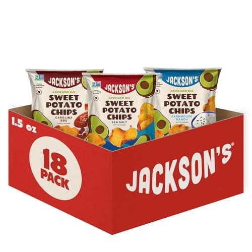 Jackson’s Sweet Potato Kettle Chips Avocado Oil Variety Pack made with Premium Oils (1.5 oz, Pack of 18) Sea Salt, Ranch, and BBQ Flavors - Allergen-friendly, Gluten Free, Vegan - Image 1