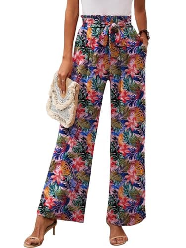 Heymoments Women's Wide Leg Lounge Pants with Pockets Tropic Affair Large Lightweight High Waisted Adjustable Tie Knot Loose Comfy Casual Trousers - Image 1