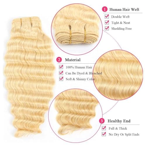 613 Blonde Deep Wave Human Hair 3 Bundles 16 18 20 Inch 100% Unprocessed Brazilian Virgin Curly Hair 12A Grade Human Hair Bundles - Thumbnail 3