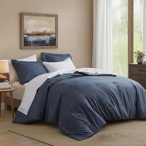 Regency Heights Queen Size Comforter Set, Lightweight 7 Pieces Navy Bed in a Bag All Season Chambray Print Bedding Set Ultra Soft Comforter, Farmhouse Sheets, Pillowcase & Sham - Image 1