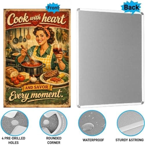 Cook With Heart Tin Sign Vintage Kitchen Wall Decor Rustic Cooking Quote Metal Poster Retro Farmhouse Culinary Art 8x12 Inch Food Lover Wall Display Home Restaurant Cafe Bar Decoration - Thumbnail 5