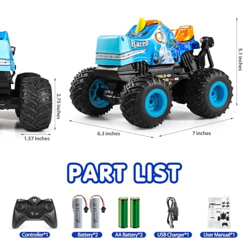 DYODYORC Remote Control Car, 2.4Ghz All Terrain Monster Truck, RC Truck with Music, 3 Lighting Effects, 360 Stunt Capable, 2 Batteries Ready to Run, Toy Gifts for Boys and Girls (Blue) - Thumbnail 2
