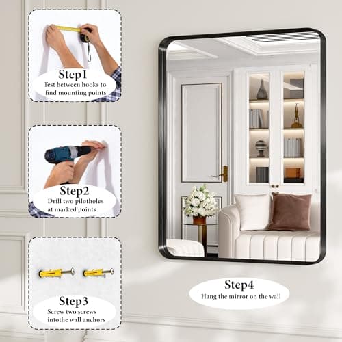 60x36 Inch Bathroom Mirror for Wall, Matte Black Metal Framed Bathroom Vanity Mirror for Restroom Farmhouse, Anti-Rust, HD Tempered Glass, Hangs Horizontally or Vertically - Thumbnail 5