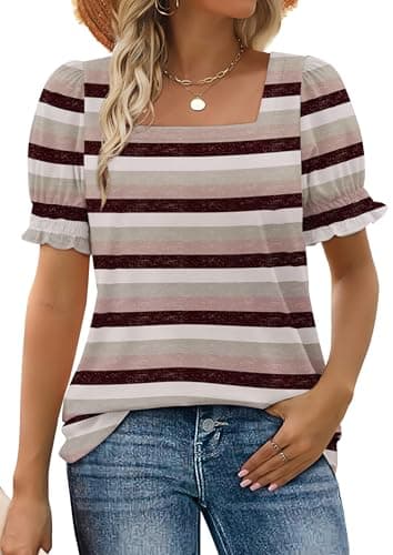 WIHOLL Shirts for Women Summer 2026 Short Sleeve Square Neck Blouses and Tops Casual Outfits Purple Stripe XL - Image 1