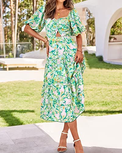 BTFBM Women's Clothing Spring Summer Dresses 2026 Beach Vacation Short Sleeve Smocked Back Boho Casual Floral Maxi Dress(Print Green, Small) - Thumbnail 2