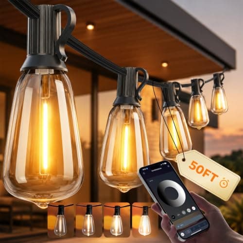 Ecoeve Outdoor String Lights, 50FT Patio Lights for Outside, Smart App & Remote Control with Timer, Dimmable with 4 Scene Modes, Warm White Waterproof LED Bulbs for Garden, Yard and Backyard Decor