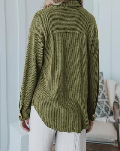 PRETTYGARDEN Women's Button Down Shirts 2026 Spring Long Sleeve Textured Tops Oversized Shacket Jacket Knit Blouses(Army Green,Small) - Thumbnail 5