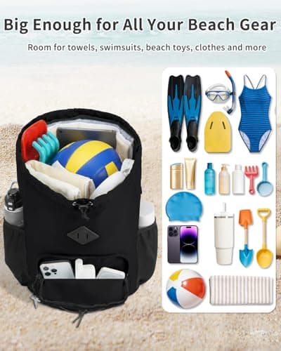 WANDF Drawstring Backpack with Removable Wet Pocket, Sandproof Beach Backpack with Bottom Compression Strap for Beach Mat, Swim Bag for Pool, Gym, Travel and Workout Gear (Black) - Thumbnail 6