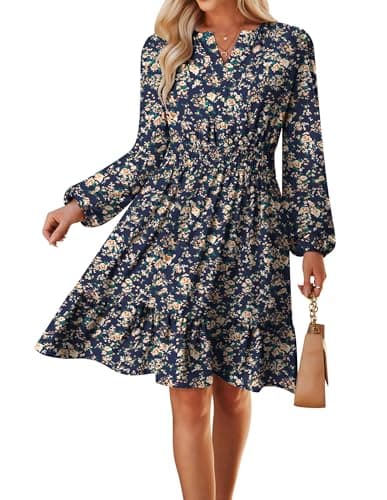 Spring Dresses for Women 2026,Casual Long Sleeve Floral Mini Dress,Navy Brown Wedding Guest Dress M - Image 1