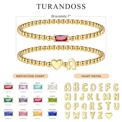 Turandoss Heart Initial Bracelets for Women - 14K Gold Plated Waterproof Birthstone Beaded Bracelets with Initial P Stackable, Dainty Created Blue Aquamarine Charm Jewelry Gifts - Thumbnail 6