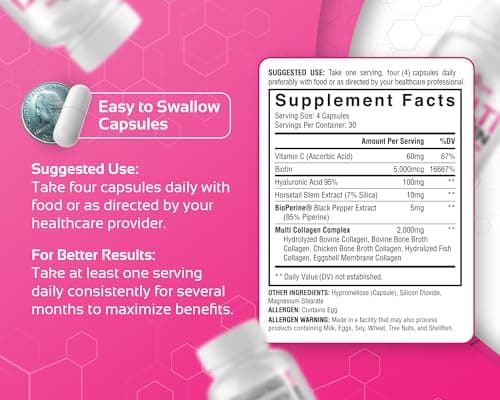 Multi Collagen for Women with Hyaluronic Acid, Vitamin C and Biotin, Collagen Protein Supplement with Types I, II, III, V, X Peptides for Healthy Hair, Skin, Nails and Joints, 120 Capsules - Thumbnail 6