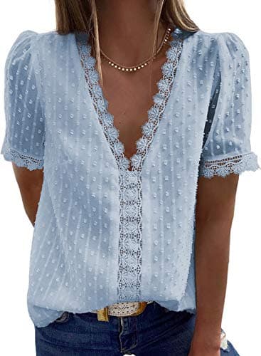 Dokotoo Womens Ladies 2026 Summer Lace Crochet Sexy V Neck Short Sleeve Pom Pom Boho Shirts Casual Loose Solid Swiss Dot Chiffon Blouses for Women Tops Sky Blue S - Image 1