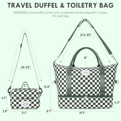 WOOMADA Weekender Overnight Bag for Women, Shoulder Travel Duffel with Shoes Compartment,Gym Bag with Toiletry Bag Large Size(Army Green Checkerboard) - Thumbnail 2