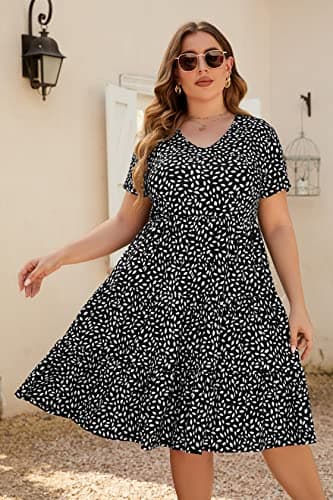 Younrui Casual Tiered Aline Plus Size Dress for Women Scoop Neck Short Sleeve Loose Fitting Flowy Midi Summer Dresses (4XL-1001-Black Floral) - Thumbnail 5