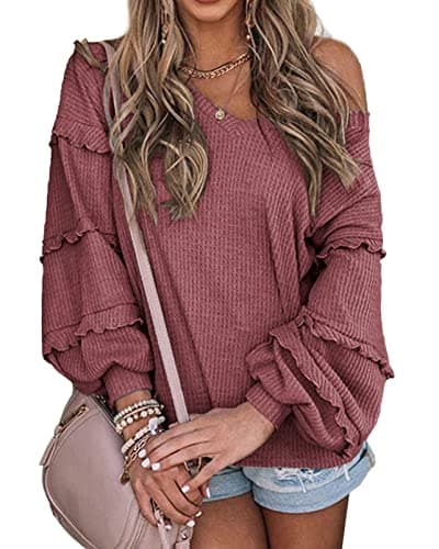 BTFBM Women’s V Neck Long Sleeve Blouse Loose Fit Tunics Ruffles Off Shoulder Waffle Knit Solid Color Tops Fall Tee Shirts(Solid Rose Red,Large) - Image 1