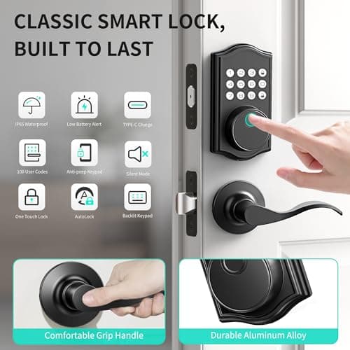 Keyless Entry Door Lock Deadbolt with Handle Set,Fingerprint Smart Locks for Front Door,Backlit Digital Keypad Deadbolt with 2 Keys - Auto Locking - Easy Installation-Left/Right Doors (Matte Black) - Thumbnail 2