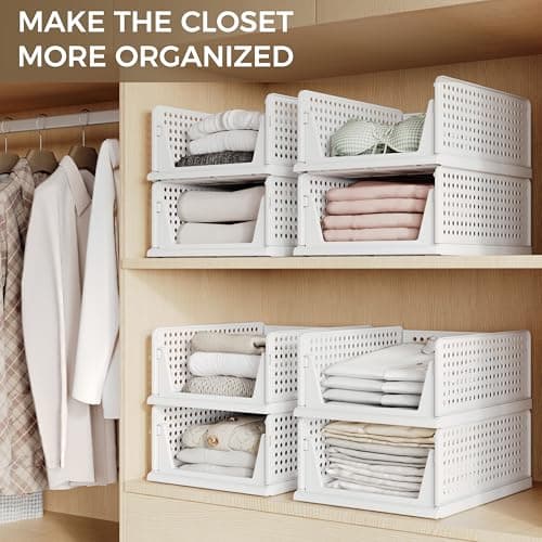 Pinkpum 6 Pack Closet Organizers Storage Bins, Stackable Plastic Drawer Basket for Clothing, Stackable Storage Bins Shelf Storage Container for Closet Wardrobe Bedroom Bathroom Office White - Thumbnail 4