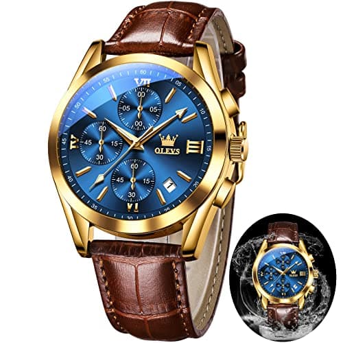 OLEVS Mens Watches Brown Leather Strap Blue Face Chronograph Wrist Luxury Casual Watches for Men Waterproof Luminous Analog Quartz Nice Men Watch Relojes para Hombres - Image 1