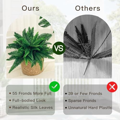Senjie Artificial Boston Fern 2 Set Large 55 Branches Fake Ferns for Outdoors 35Inch Faux Plant for Home Living Room Office Decor - Thumbnail 3