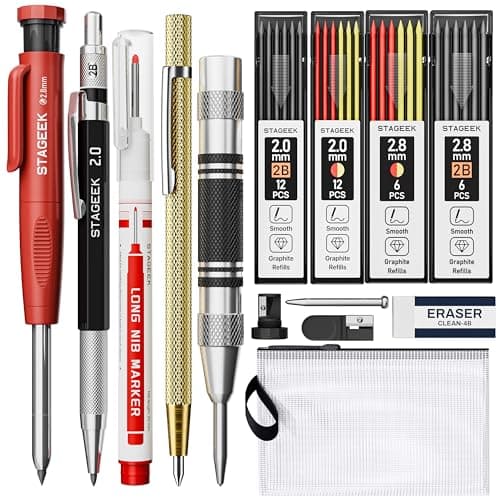 14 Pack Mechanical Carpenter Pencil Set with Sharpener 38 Refills, Automatic Center Punch, Carbide Scribe Tool, Eraser and Deep Hole Marker Pen, Heavy Duty Construction Pencil for Architect-With Pouch - Image 1