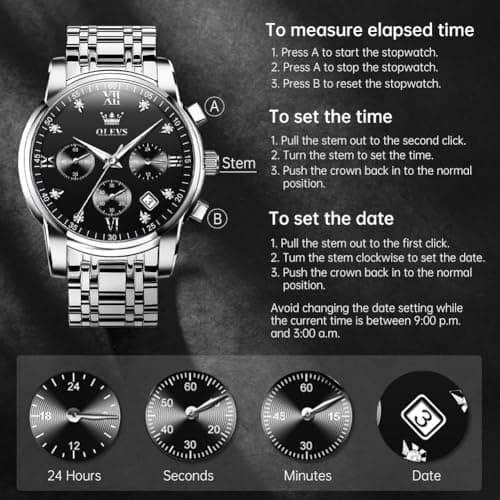 OLEVS Watch Men Black Watches for Men Dress Silver Mens Watches Waterproof Stainless Steel Analog Quartz Metal Luxury Diamond Wrist Watch for Man Day Date Chronograph Large Face Reloj para Hombre - Thumbnail 5