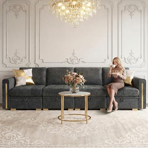 smilesun Oversized Modular Chenille 4-Seater Sectional Sofa with Storage, Convertible Comfy Extra Deep & Wide Seat Couch with Gold Metal Accents & Legs for Living Room（Grey） - Image 1