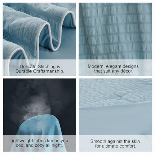 Fuzzysense Cooling Comforter Queen Size – Q-Max 0.4 Seersucker Reversible Cooling Blanket, Lightweight Breathable Summer Quilt for Hot Sleepers & Night Sweats, Ice Blue - Thumbnail 5