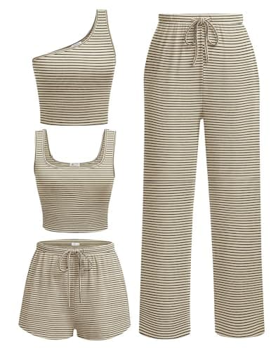 Ekouaer Womens 4 Piece Lounge Sets Ribbed Knit Crop Tank Top and Shorts Pants Casual Outfits - Image 1