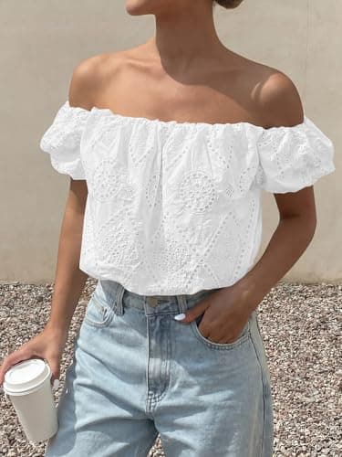 PRETTYGARDEN Women's Summer Off The Shoulder Tops 2026 Dressy Casual Puff Short Sleeve Embroidered Eyelet Cute Blouse Shirts(White,X-Large) - Thumbnail 3