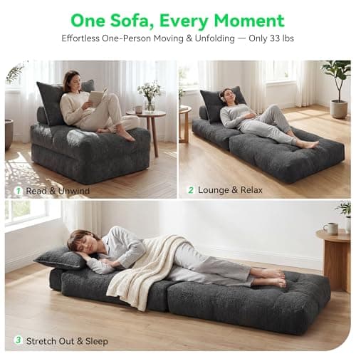 MONVANE Oversized Folding Sofa Bed, Fold Out Chair Bed with Pillow, Convertible Sleeper Chair for Living Room, Guest Room & Bedroom, 400+g Comfy Teddy Velvet Couch Bed for Adults & Kids, Dark Grey - Thumbnail 3