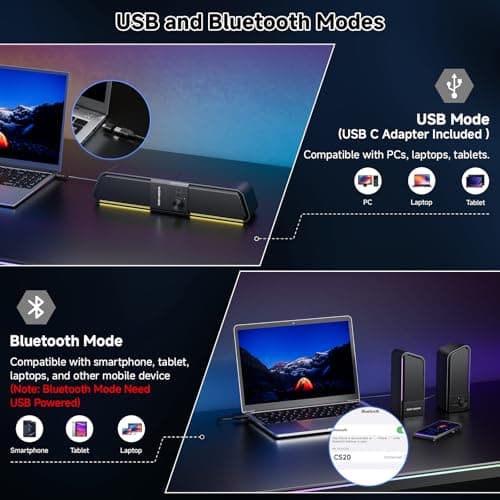 SENZER CS20 2 in 1 Bluetooth Computer Speakers for Desktop, USB Plug & Play Clear Sound PC Speakers with RGB Light, Monitor Sound Bar with Volume Knob, Gaming Speaker for PC Laptop Phone Tablet - Thumbnail 4