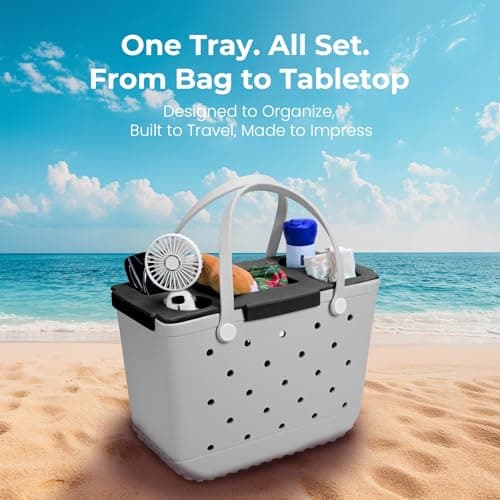 ZYTONGMAO Tote Topper Tray Accessories for Bogg Bag Large Only – Waterproof EVA Table Top Organizer Lid with Cup Holder, Snack, Phone & Drink Holders for Beach, Pool, Picnic, Travel (Black) - Thumbnail 2