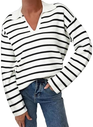 EVALESS Womens Sweaters Lapel V Neck Trendy Long Sleeve Tops Fashion Color Block Striped Henley Shirts Winter 2025 Oversized Fall Tunic Spring Clothes XL White - Image 1